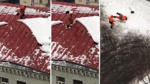 Дворник упал с крыши дома - видео